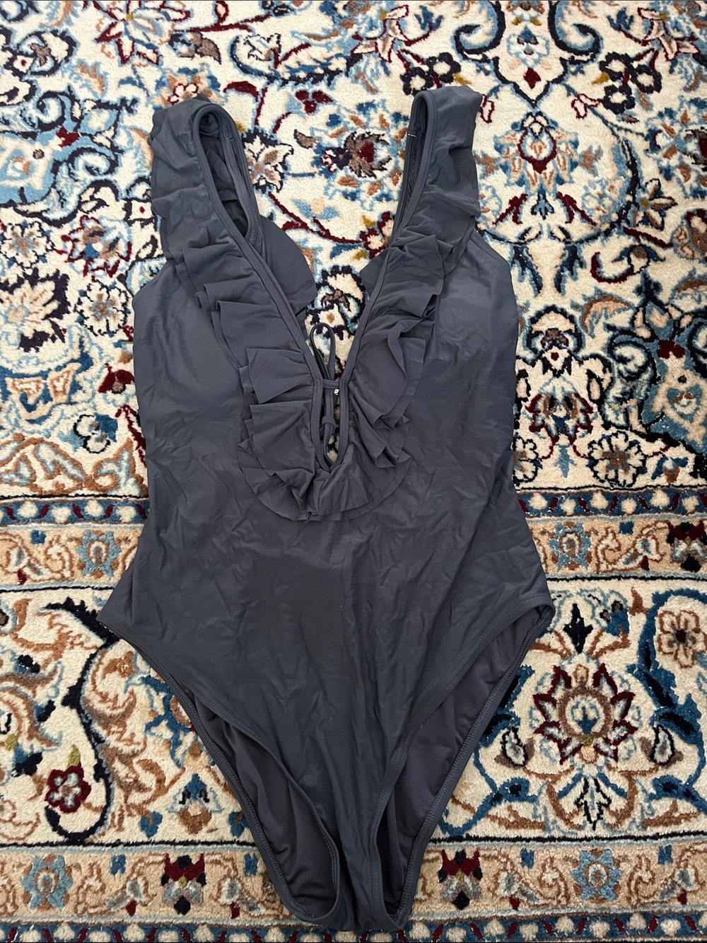 Michael Kors Charcoal Ruffle V-Neck One-Piece Swimsuit